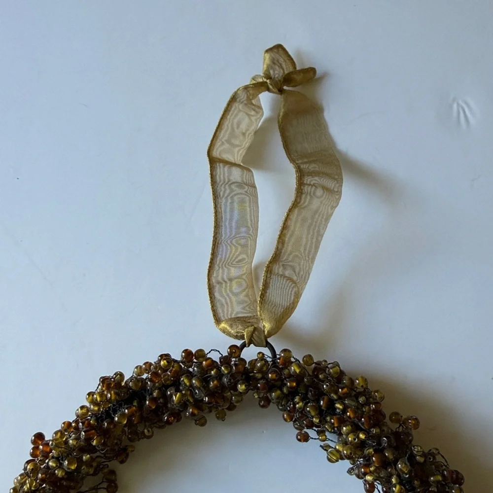 Pottery Barn BEADED WREATH Country Holiday Christmas Gold Ribbon Hanger VTG